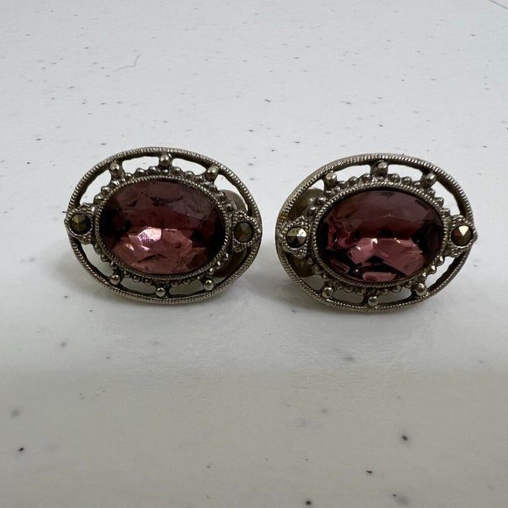 Vintage Clip on‎ Earrings Pink Purple Silver Tone Rhinestone Oval Gray